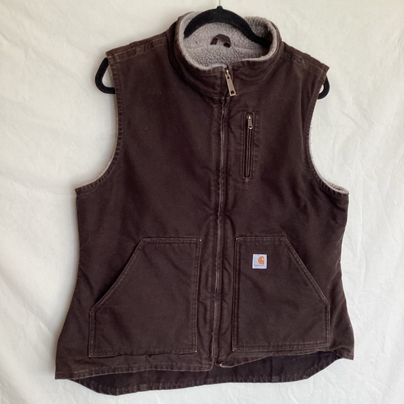 Carhartt Jackets & Blazers - Carhartt Washed Duck Sherpa-Lined Mock Neck Vest in dark brown